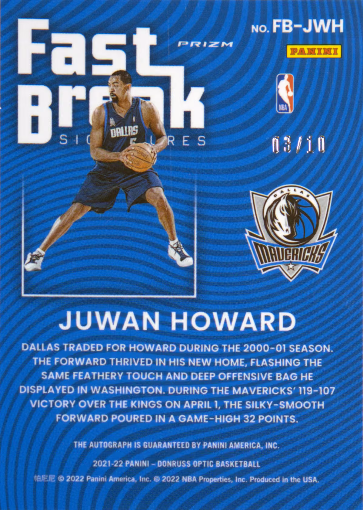 Back scan of 2021-22 Panini Donruss Optic Juwan Howard showing stats for Dallas Mavericks - Juwan Howard Collector Private Collection