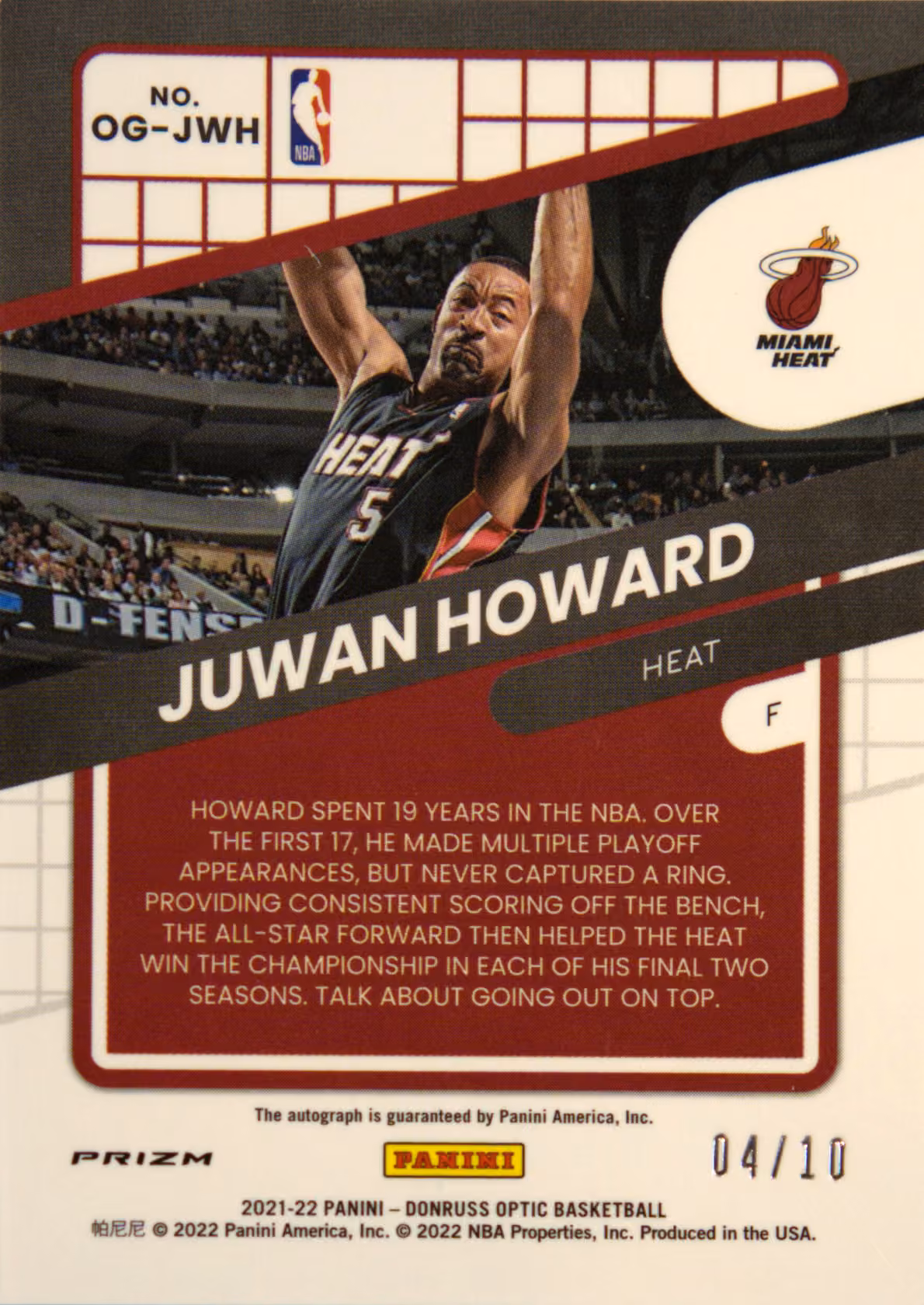 Back scan of 2021-22 Panini Donruss Optic Juwan Howard showing stats for Miami Heat - Juwan Howard Collector Private Collection