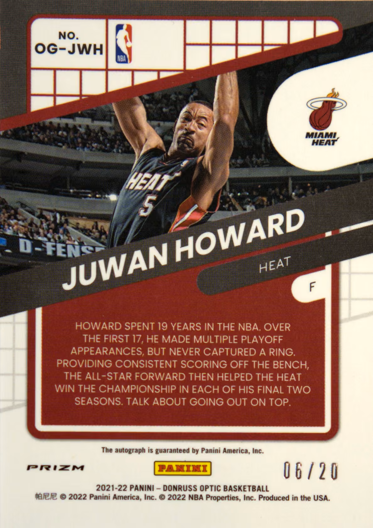 Back scan of 2021-22 Panini Donruss Optic Juwan Howard showing stats for Miami Heat - Juwan Howard Collector Private Collection