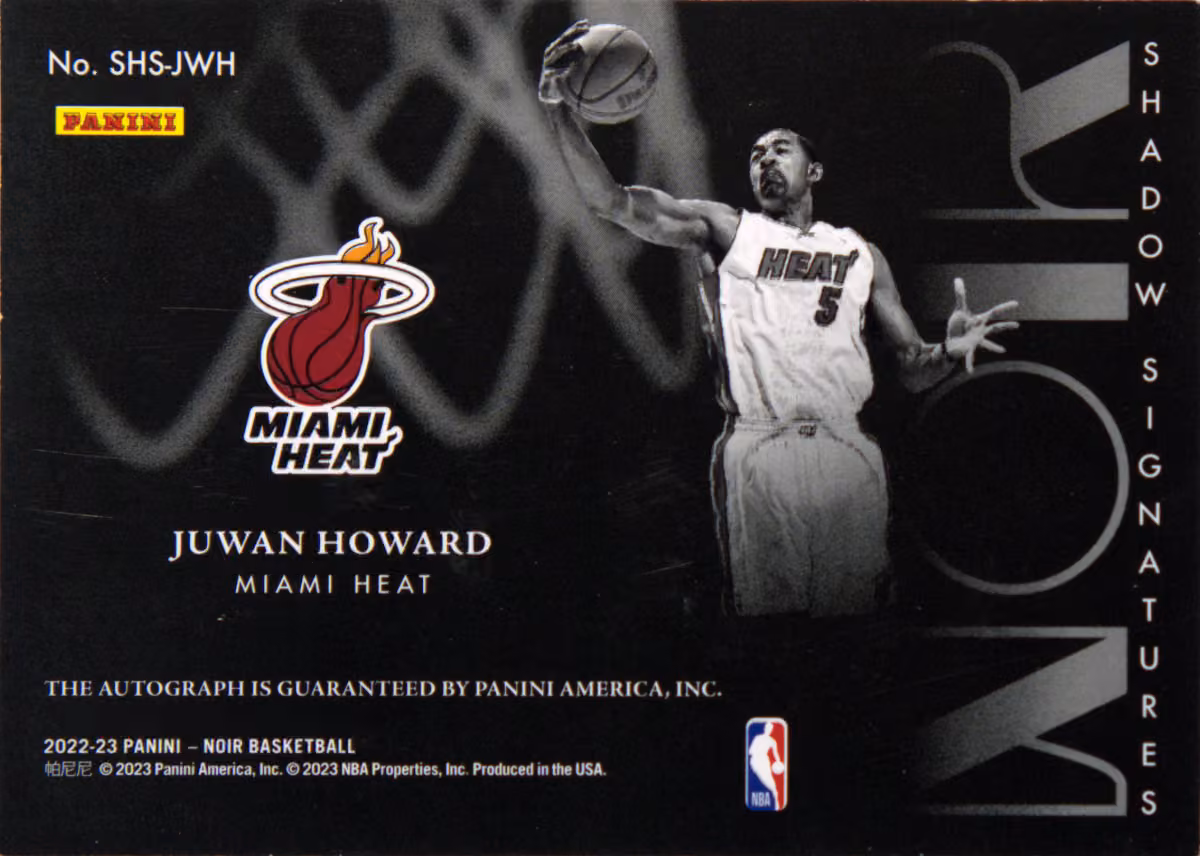 Back scan of 2022-23 Panini Noir Juwan Howard showing stats for Miami Heat - Juwan Howard Collector Private Collection