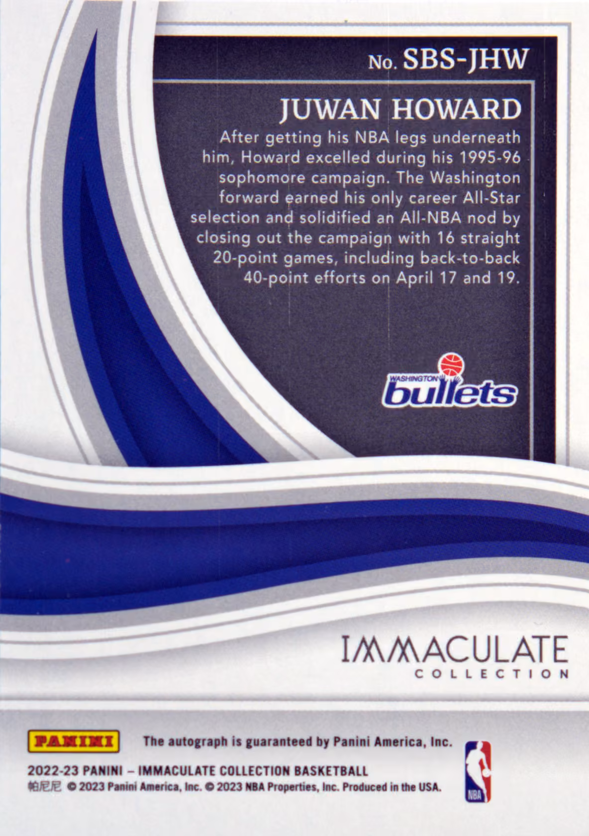 Back scan of 2022-23 Panini Immaculate Collection Juwan Howard showing stats for Washington Bullets - Juwan Howard Collector Private Collection