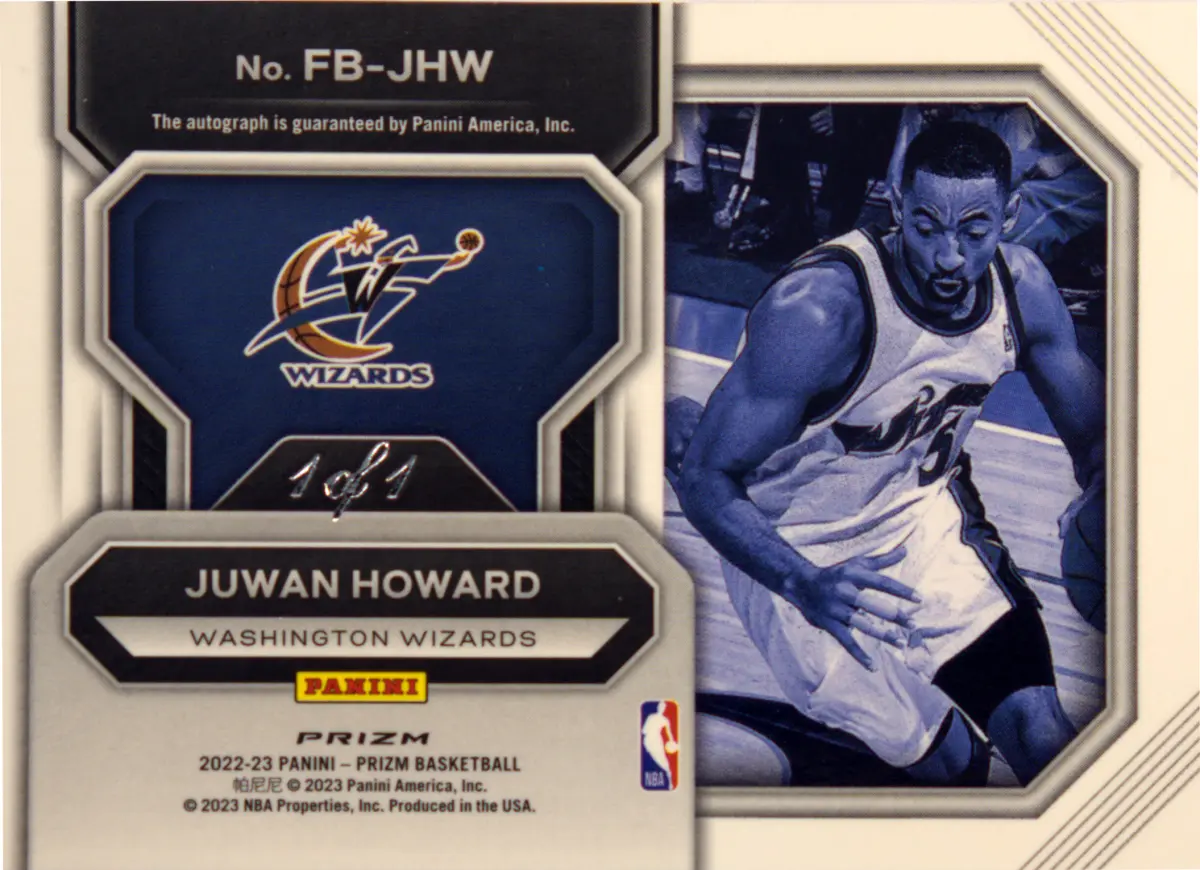 Back view of Juwan Howard 2022-23 Panini Prizm #FB-JWH showing stats for Washington Bullets