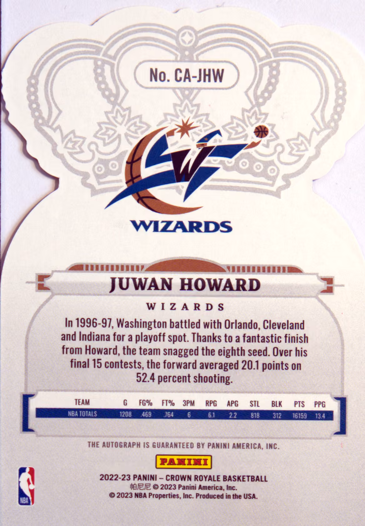 Back scan of 2022-23 Panini Crown Royale Juwan Howard showing stats for Washington Wizards - Juwan Howard Collector Private Collection