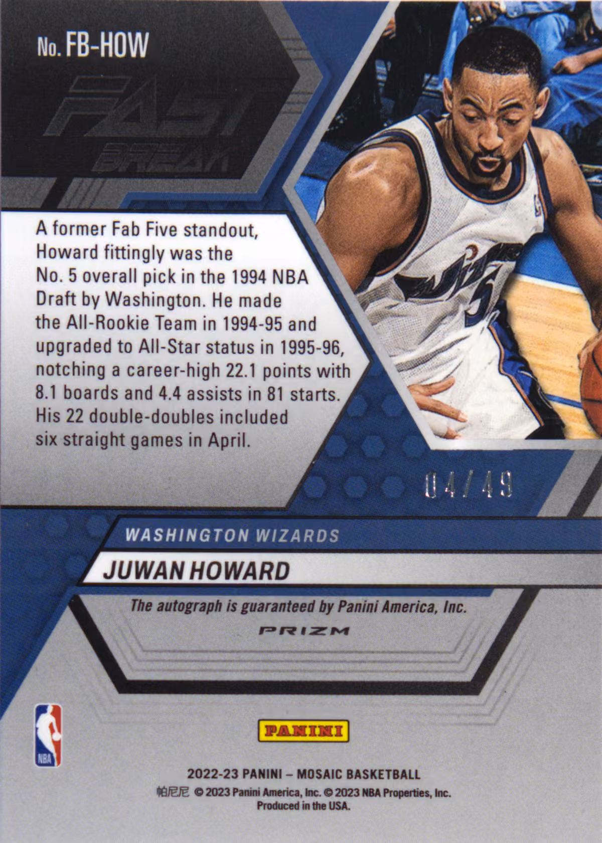 Back scan of 2022-23 Panini Mosaic Juwan Howard showing stats for Washington Wizards - Juwan Howard Collector Private Collection
