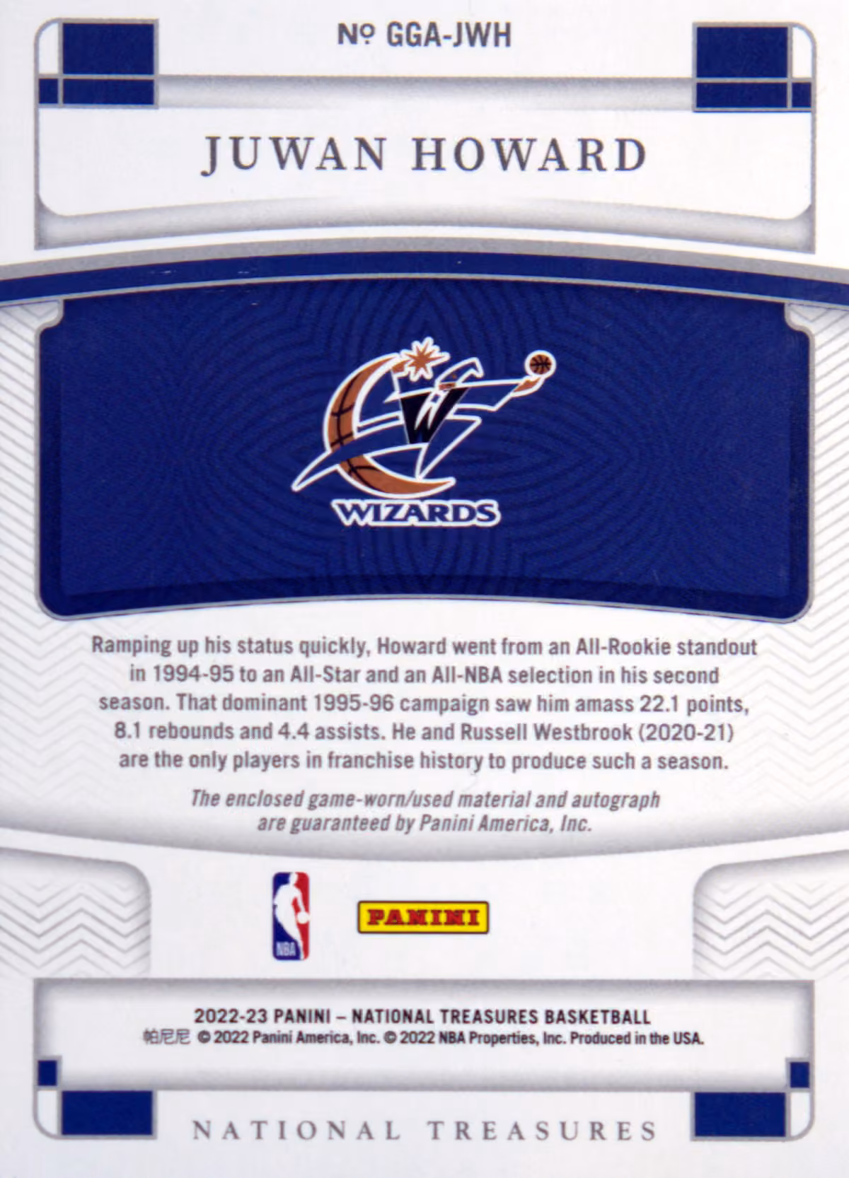 Back scan of 2022-23 Panini National Treasures Juwan Howard showing stats for Washington Wizards - Juwan Howard Collector Private Collection