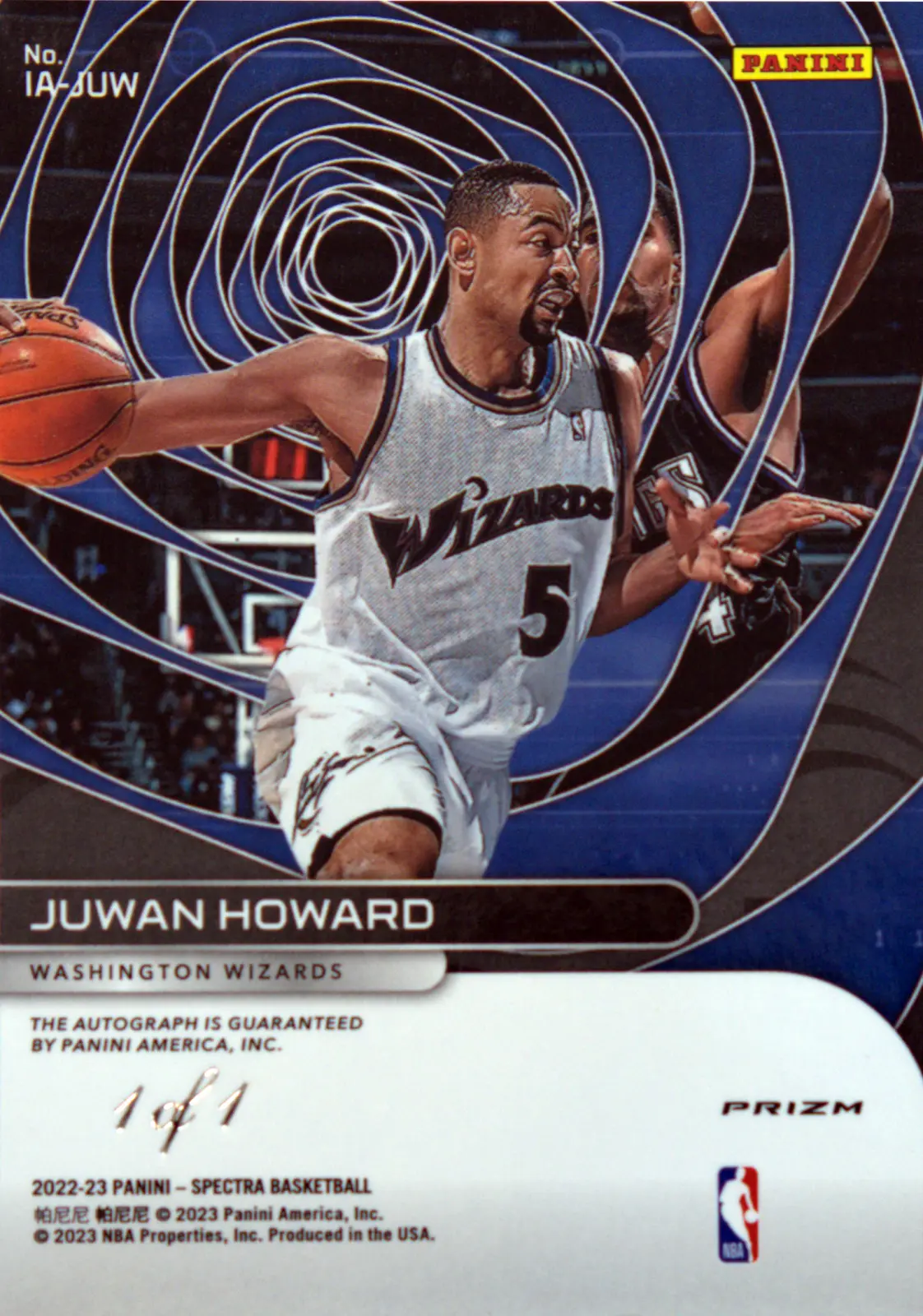 Back view of Juwan Howard 2022-23 Panini Spectra #IA-JUW showing stats for Washington Wizards