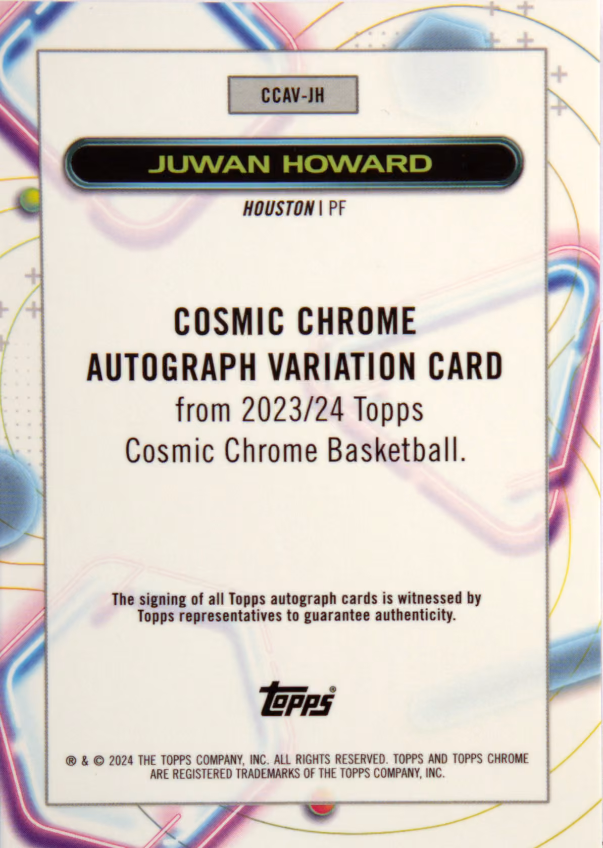 Back scan of 2023-24 Topps Cosmic Chrome Juwan Howard showing stats for Houston Rockets - Juwan Howard Collector Private Collection