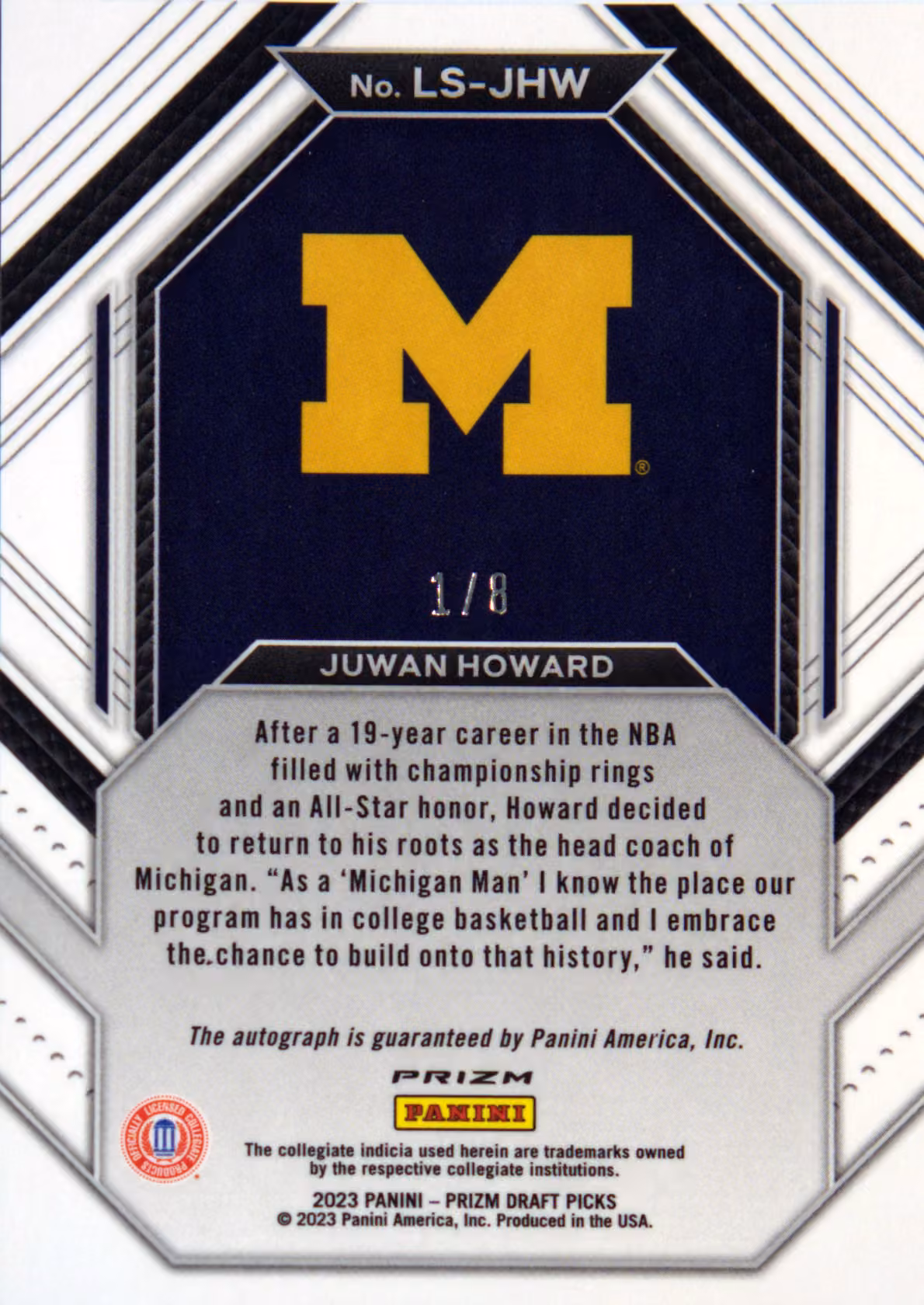 Back scan of 2023-24 Panini Prizm Draft Picks Juwan Howard showing stats for Michigan Wolverines - Juwan Howard Collector Private Collection