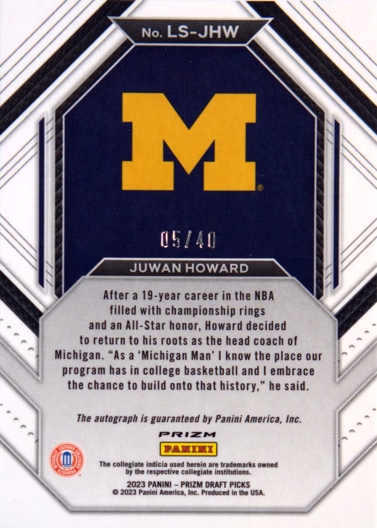 Back scan of 2023-24 Panini Prizm Draft Picks Juwan Howard showing stats for Michigan Wolverines - Juwan Howard Collector Private Collection