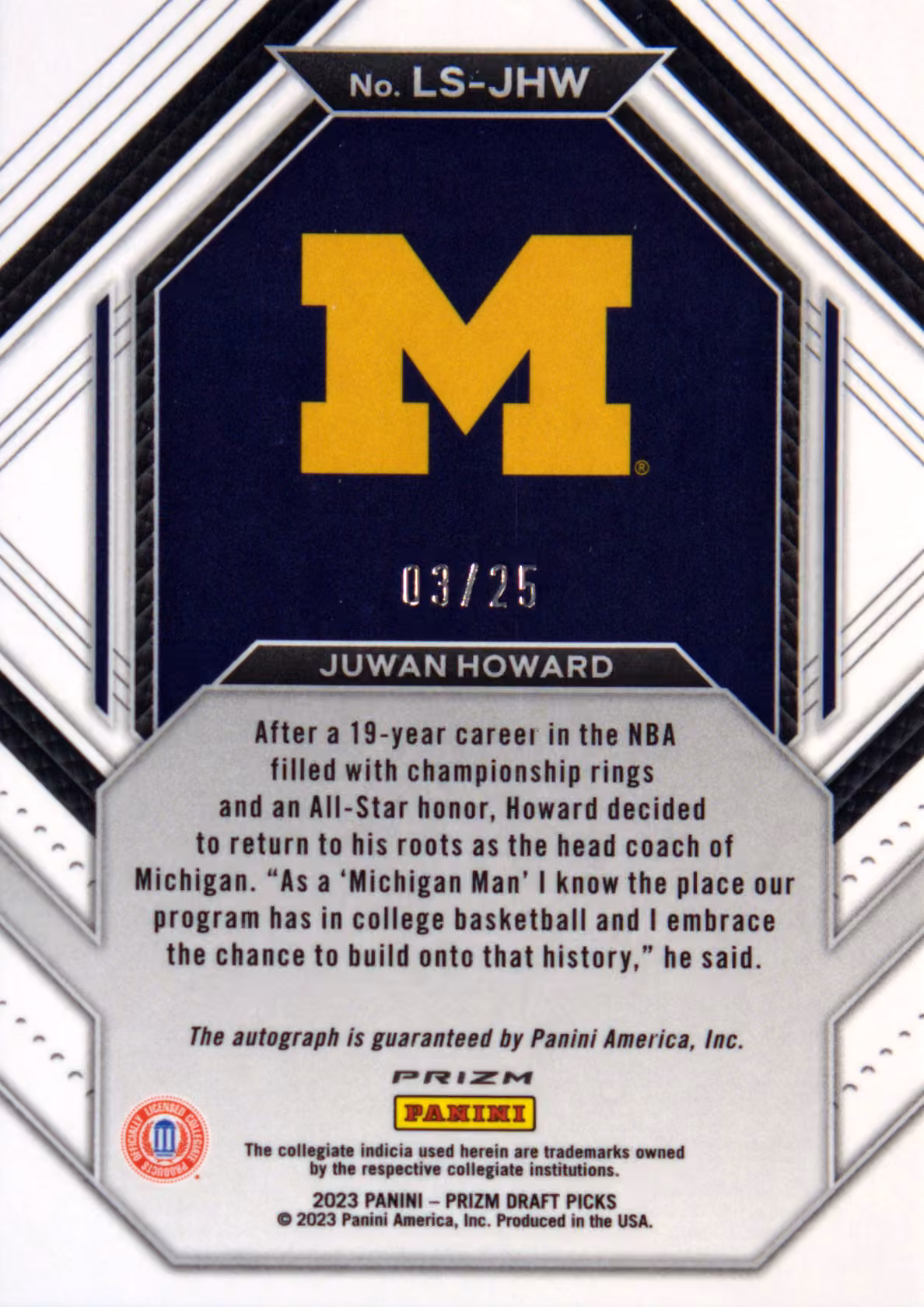 Back scan of 2023-24 Panini Prizm Draft Picks Juwan Howard showing stats for Michigan Wolverines - Juwan Howard Collector Private Collection