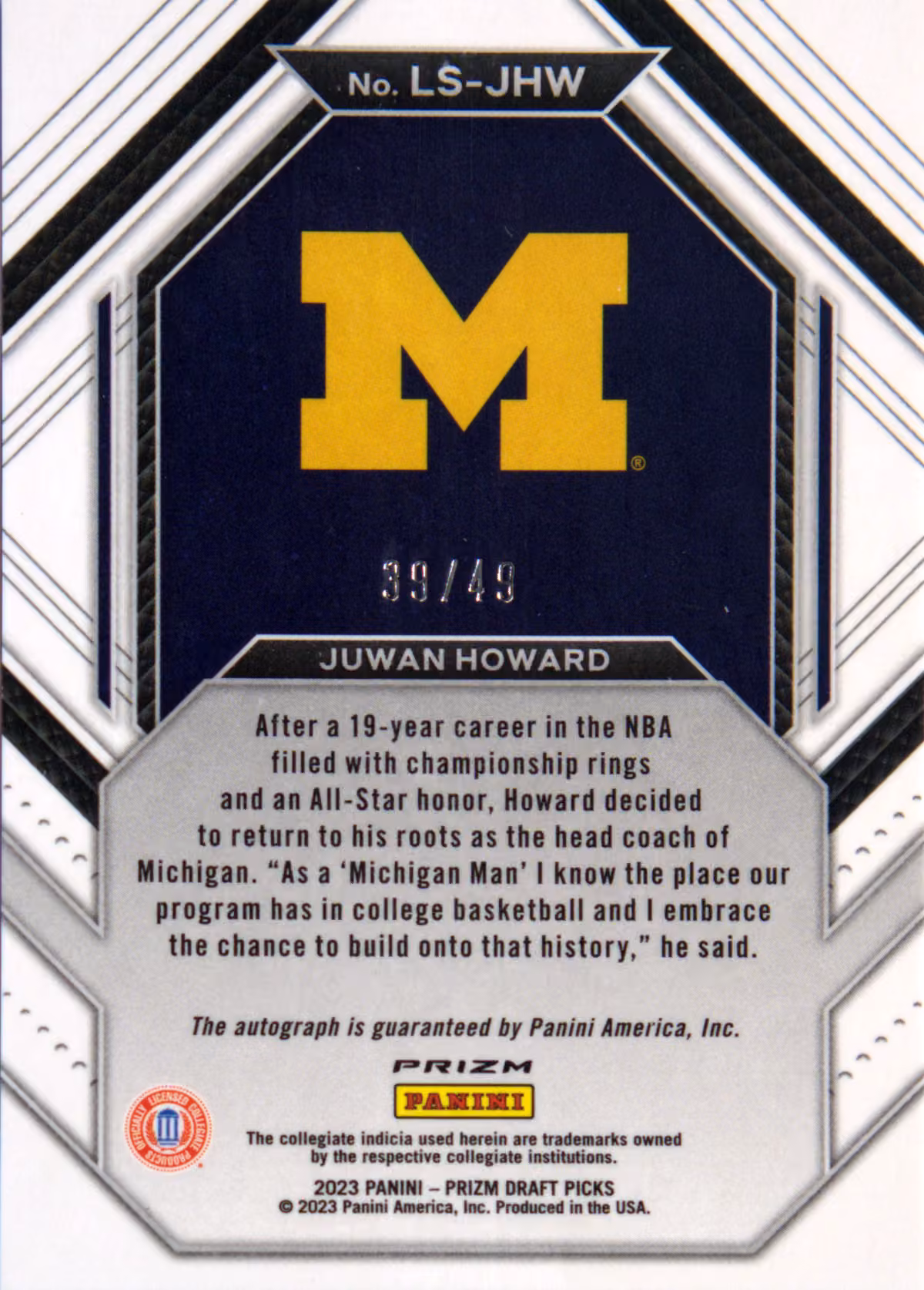 Back scan of 2023-24 Panini Prizm Draft Picks Juwan Howard showing stats for Michigan Wolverines - Juwan Howard Collector Private Collection