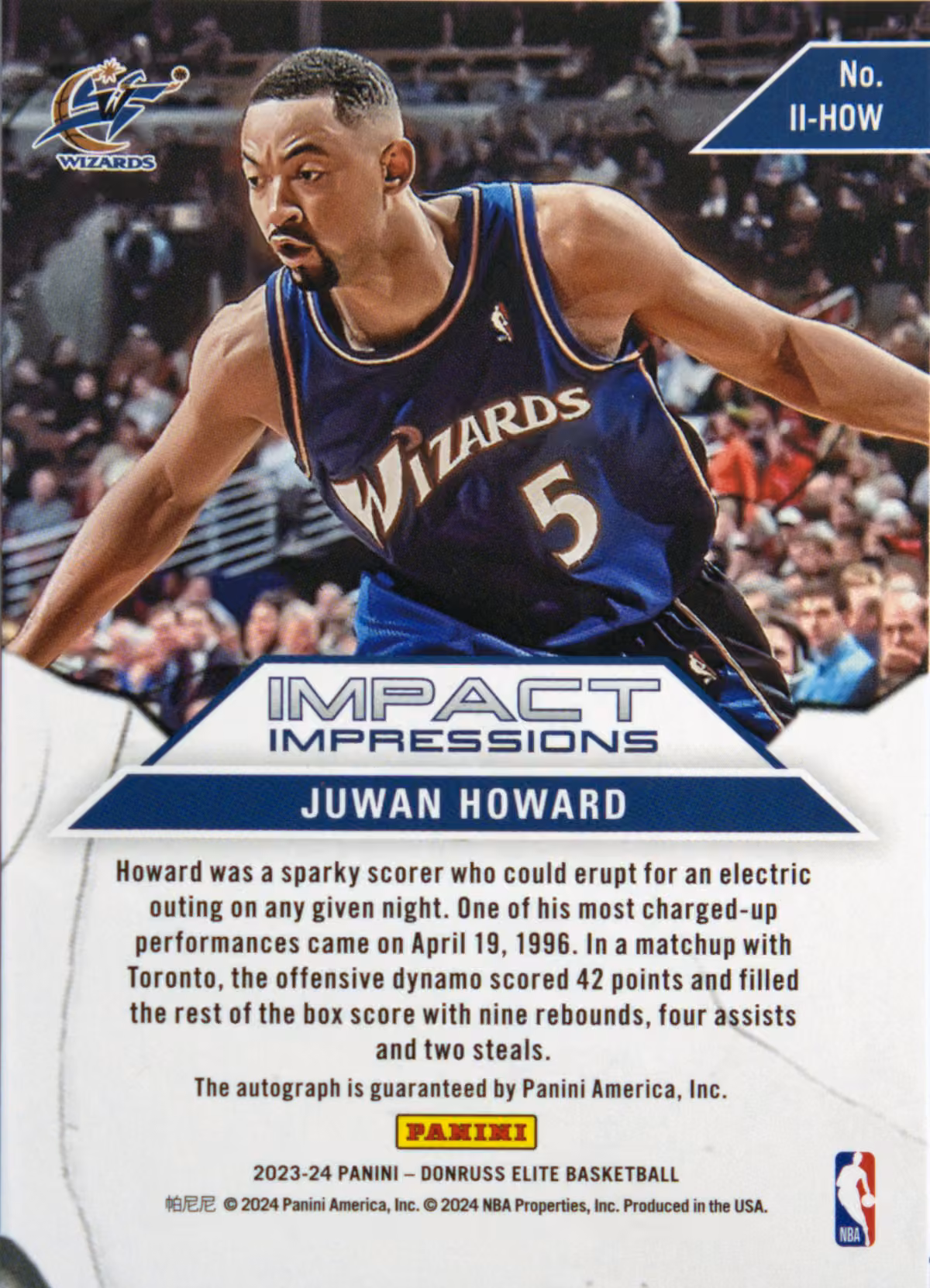 Back scan of 2023-24 Panini Donruss Elite Juwan Howard showing stats for Washington Wizards - Juwan Howard Collector Private Collection