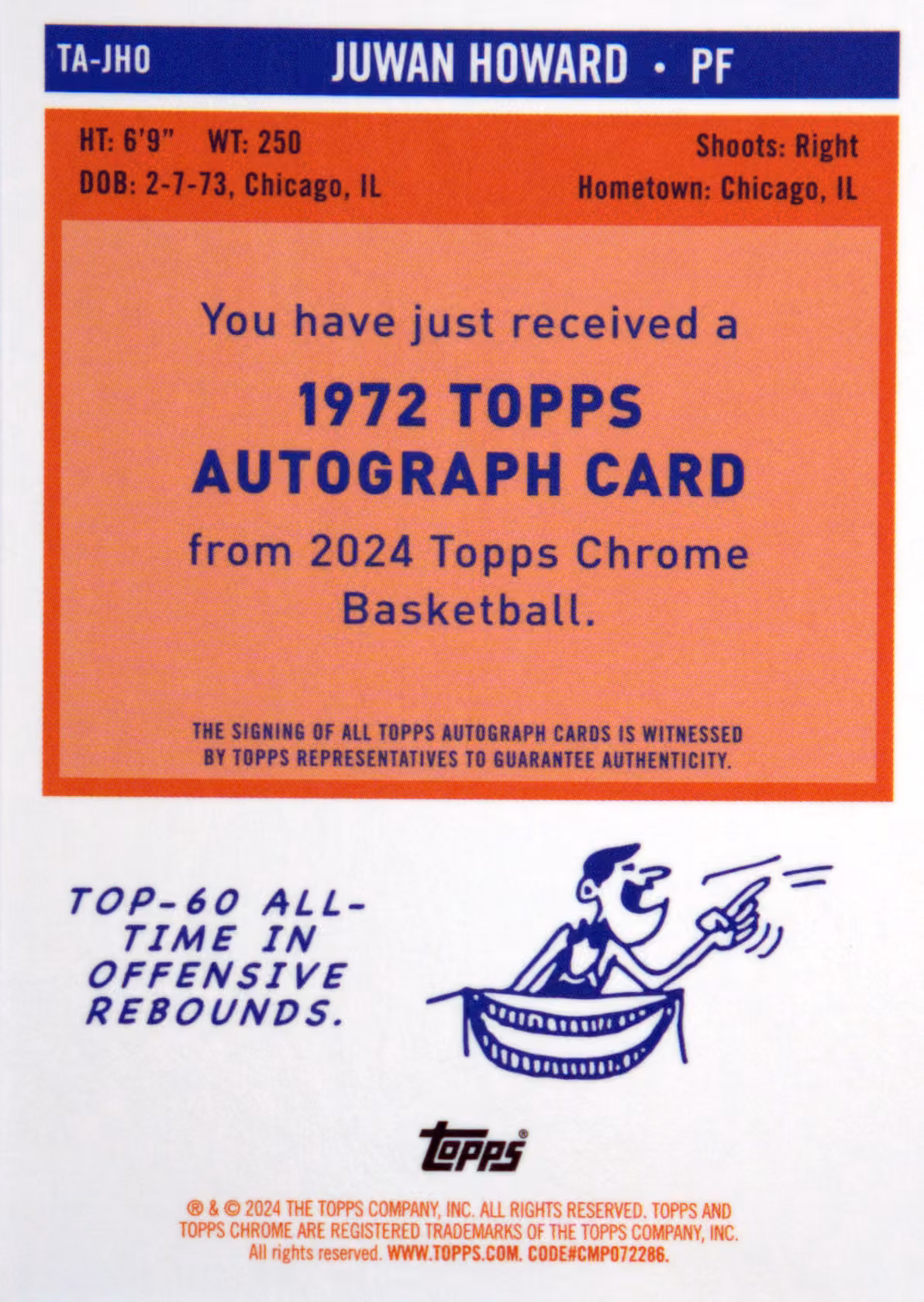 Back scan of 2023-24 Topps Chrome Juwan Howard showing stats for Washington Wizards - Juwan Howard Collector Private Collection