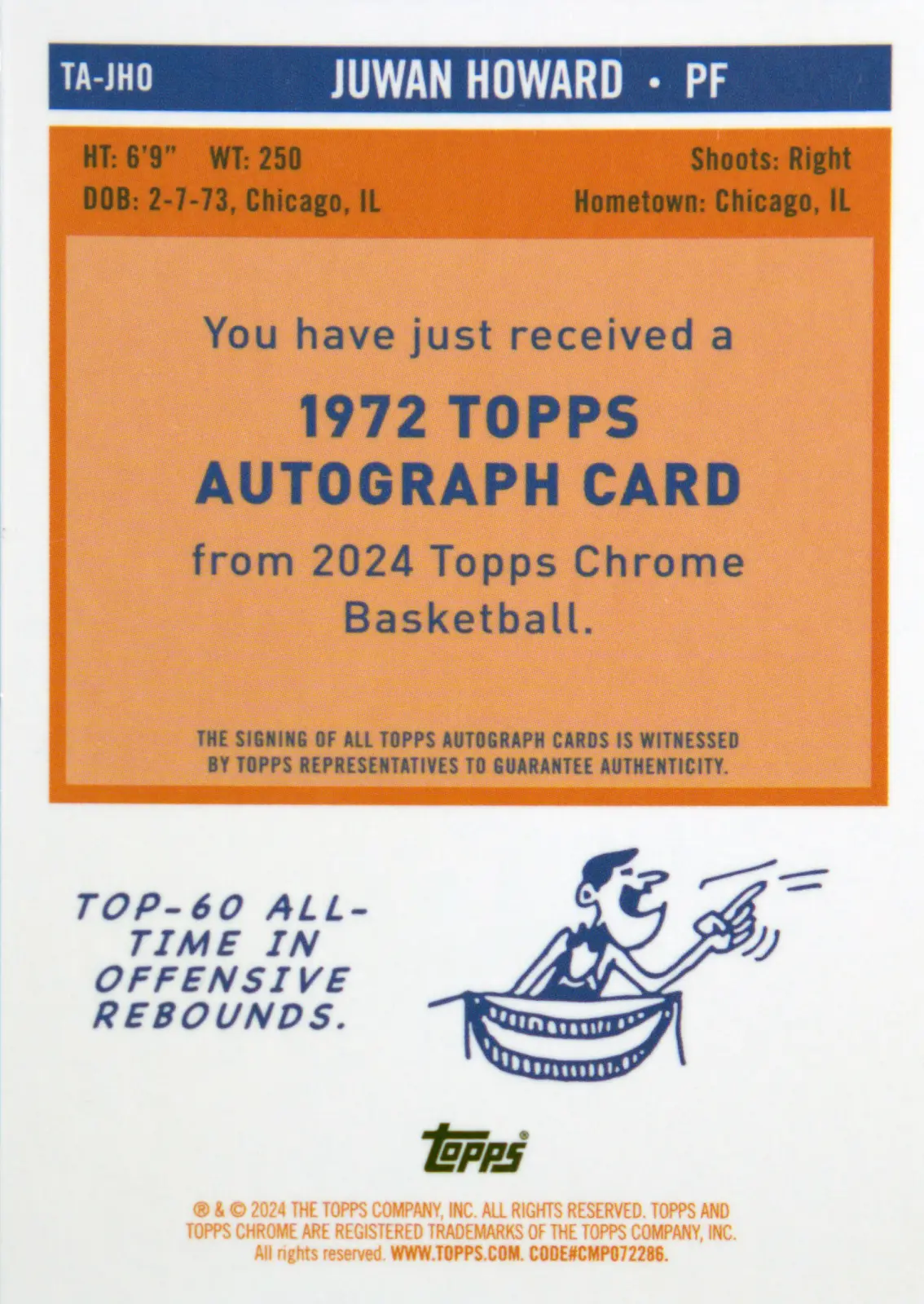 Back scan of Juwan Howard 2023-24 Topps Chrome #TA-JHO showing stats for Washington Wizards - Juwan Howard Collector Private Collection