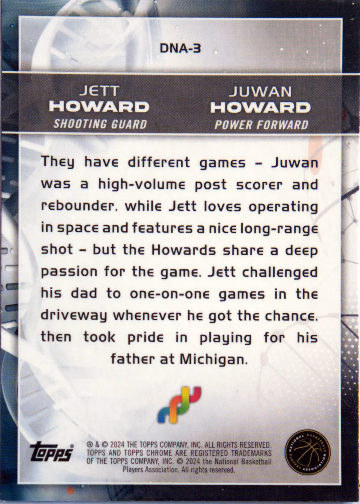 Back scan of 2023-24 Topps Chrome Juwan Howard / Jett Howard showing stats for Washington Wizards / Orlando Magic - Juwan Howard Collector Private Collection
