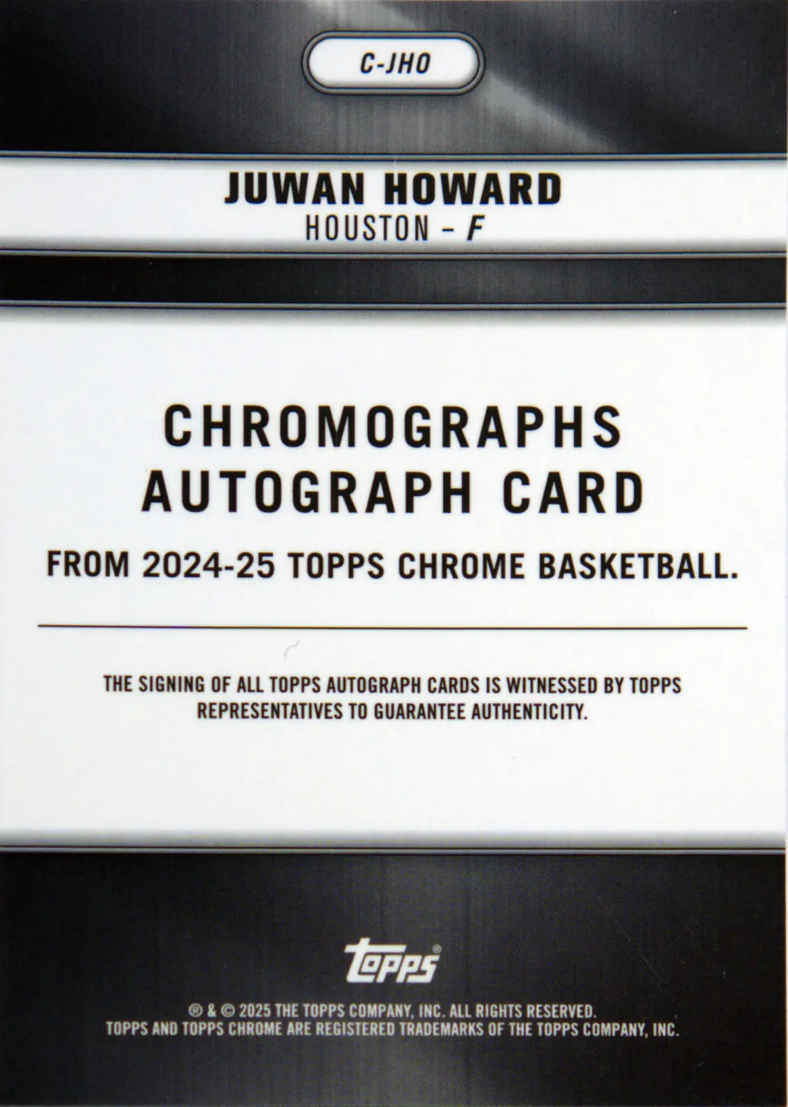 Back scan of Juwan Howard 2024-25 Topps Chrome #C-JHO showing stats for Houston Rockets - Juwan Howard Collector Private Collection