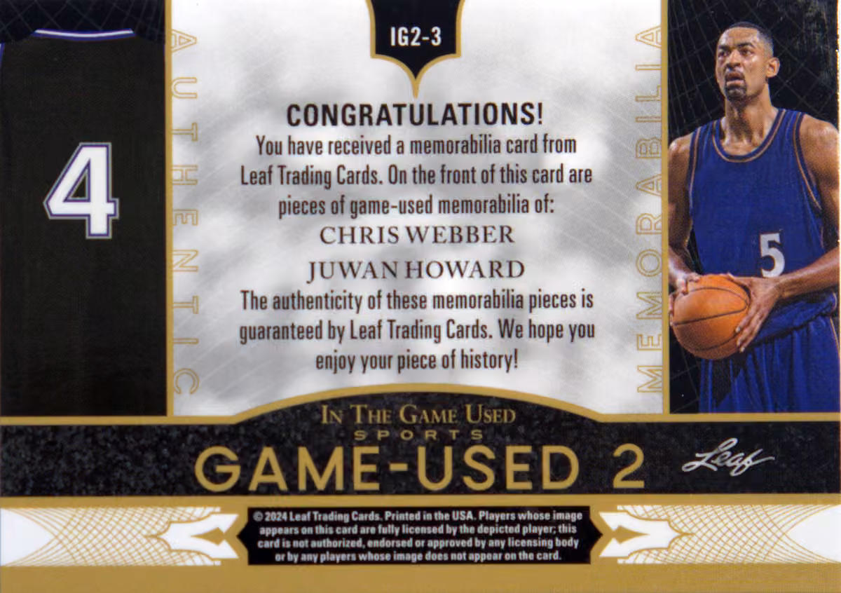 Back scan of 2024-25 Leaf In The Game Used Sports Juwan Howard showing stats for Washington Wizards - Juwan Howard Collector Private Collection