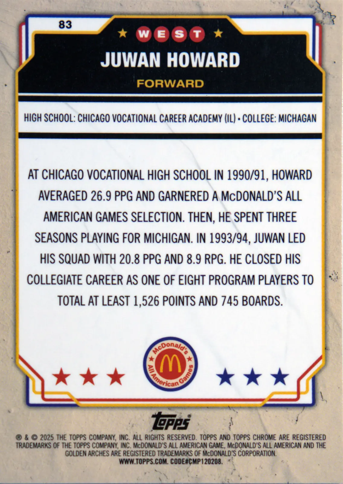 Back scan of Juwan Howard 2025-26 McDonald's All American #83 showing stats for Chicago Vocational Highschool - Juwan Howard Collector Private Collection