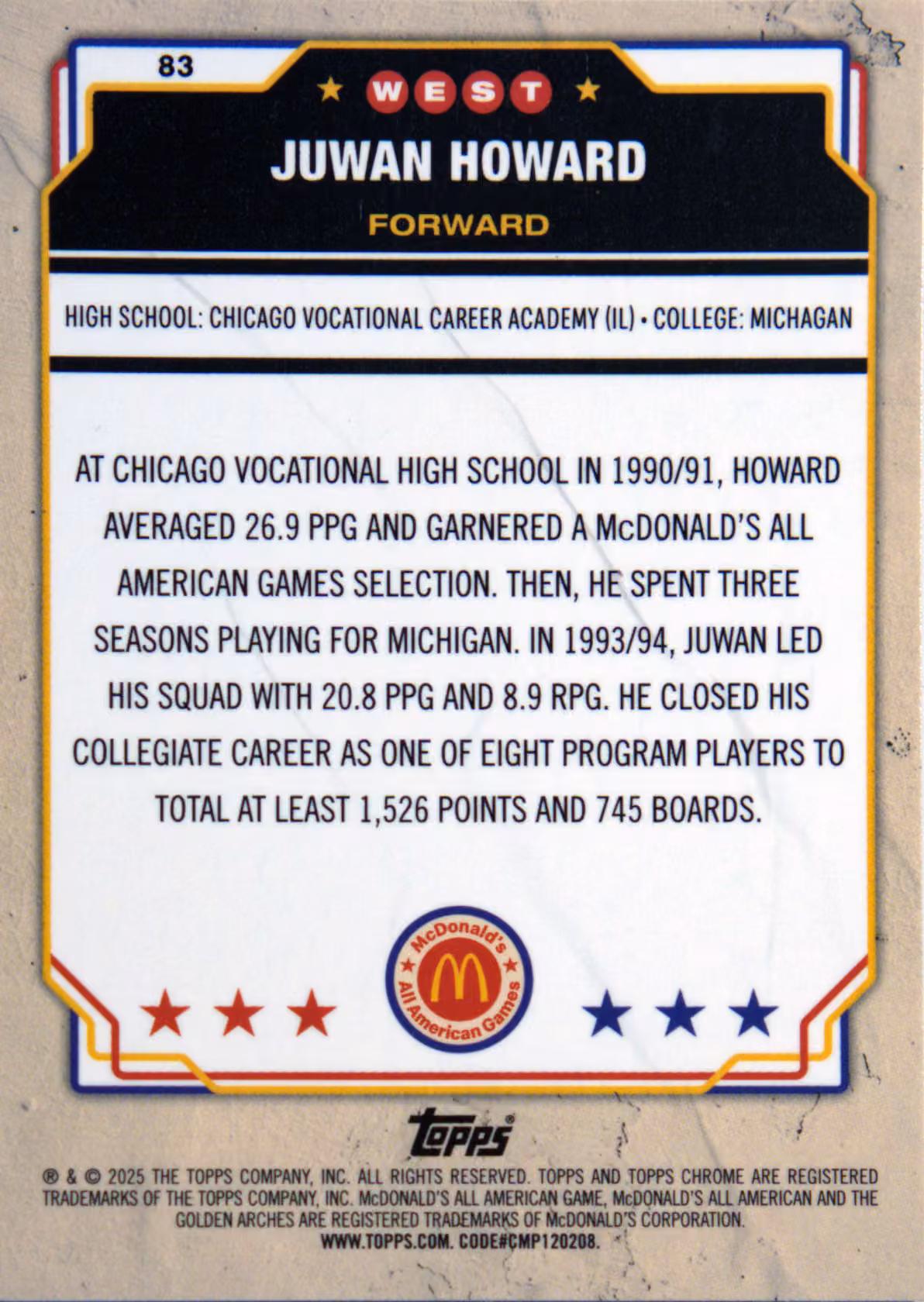 Back scan of 2025-26 Topps Chrome Juwan Howard showing stats for Chicago Vocational Highschool - Juwan Howard Collector Private Collection