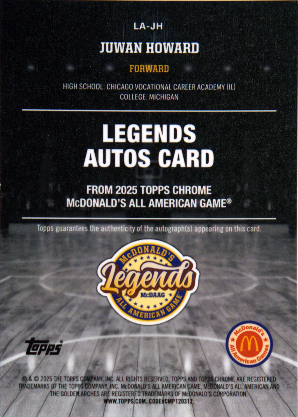 Back scan of 2025-26 Topps Chrome Juwan Howard showing stats for Chicago Vocational Highschool - Juwan Howard Collector Private Collection