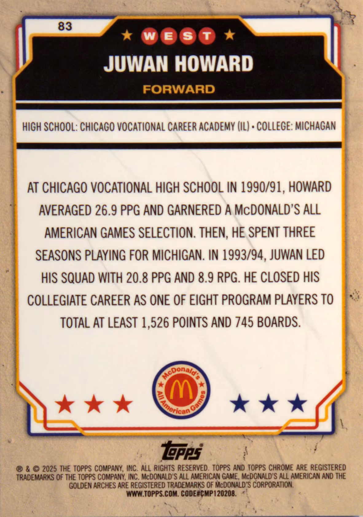 Back scan of 2025-26 Topps Chrome Juwan Howard showing stats for Chicago Vocational Highschool - Juwan Howard Collector Private Collection