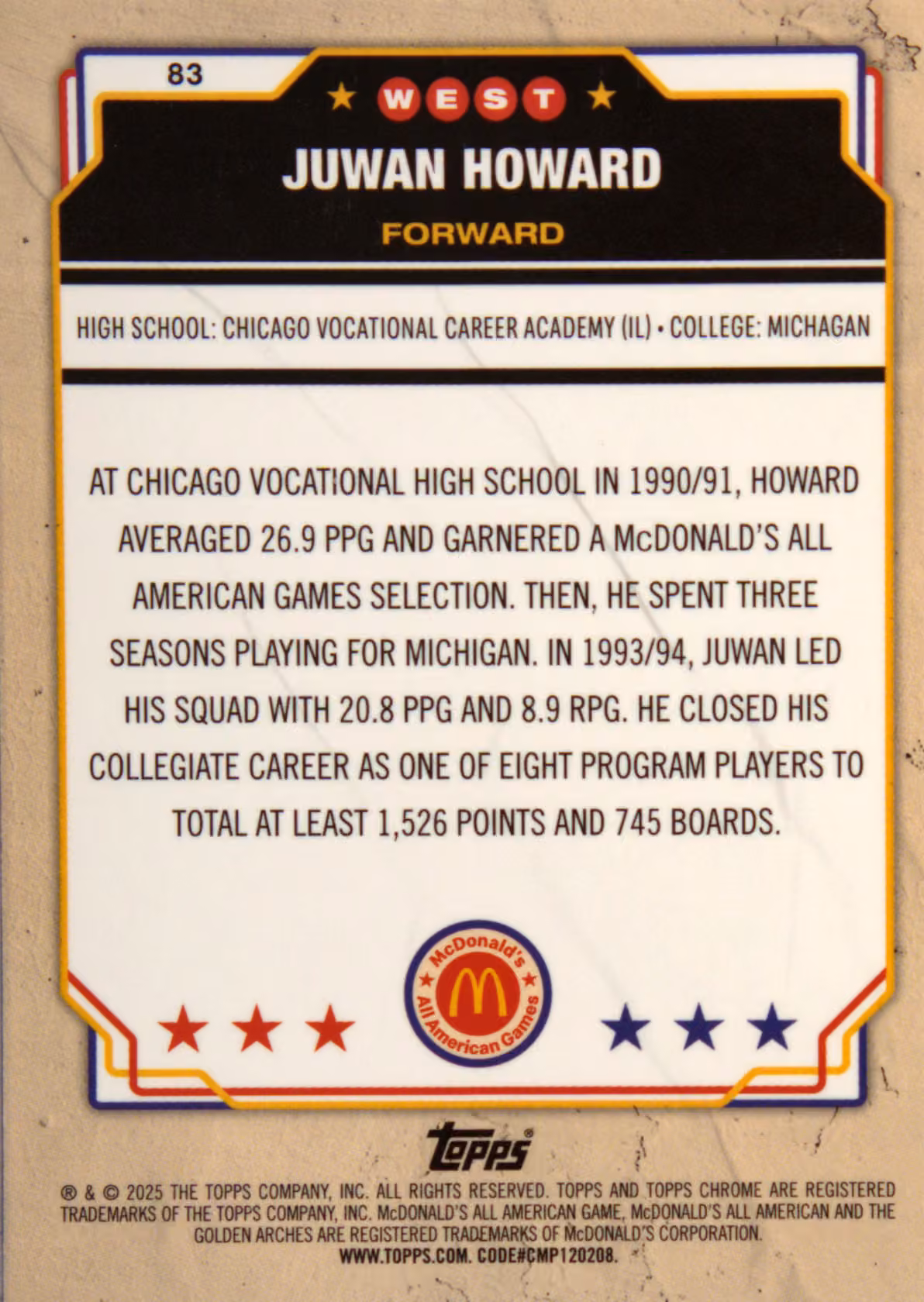 Back scan of 2025-26 Topps Chrome Juwan Howard showing stats for Chicago Vocational Highschool - Juwan Howard Collector Private Collection