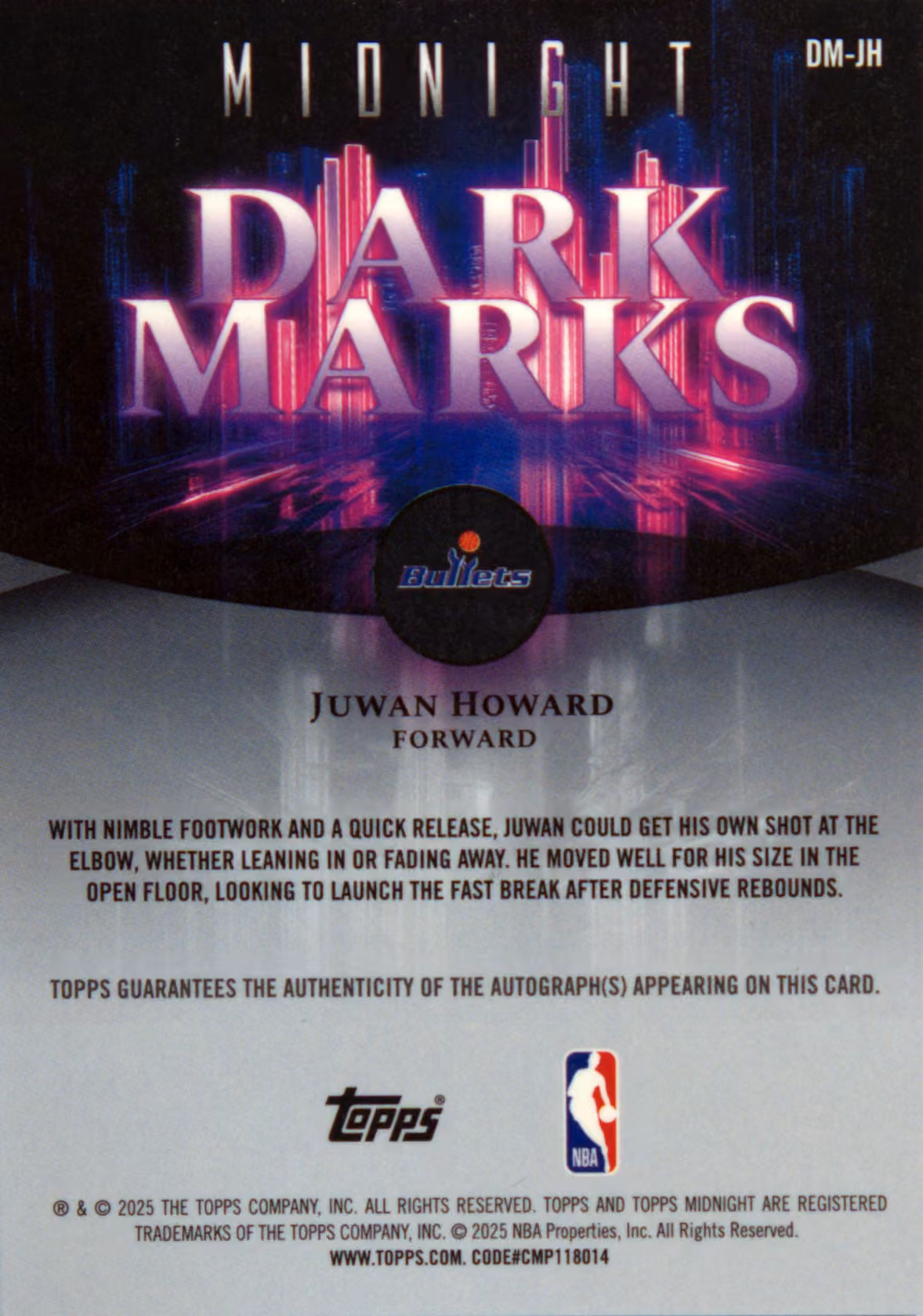 Back scan of 2025-26 Topps Midnight Juwan Howard showing stats for Washington Bullets - Juwan Howard Collector Private Collection