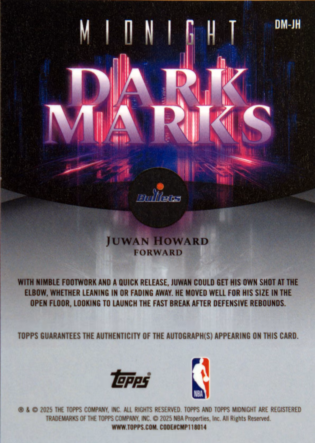 Back scan of 2025-26 Topps Midnight Juwan Howard showing stats for Washington Bullets - Juwan Howard Collector Private Collection