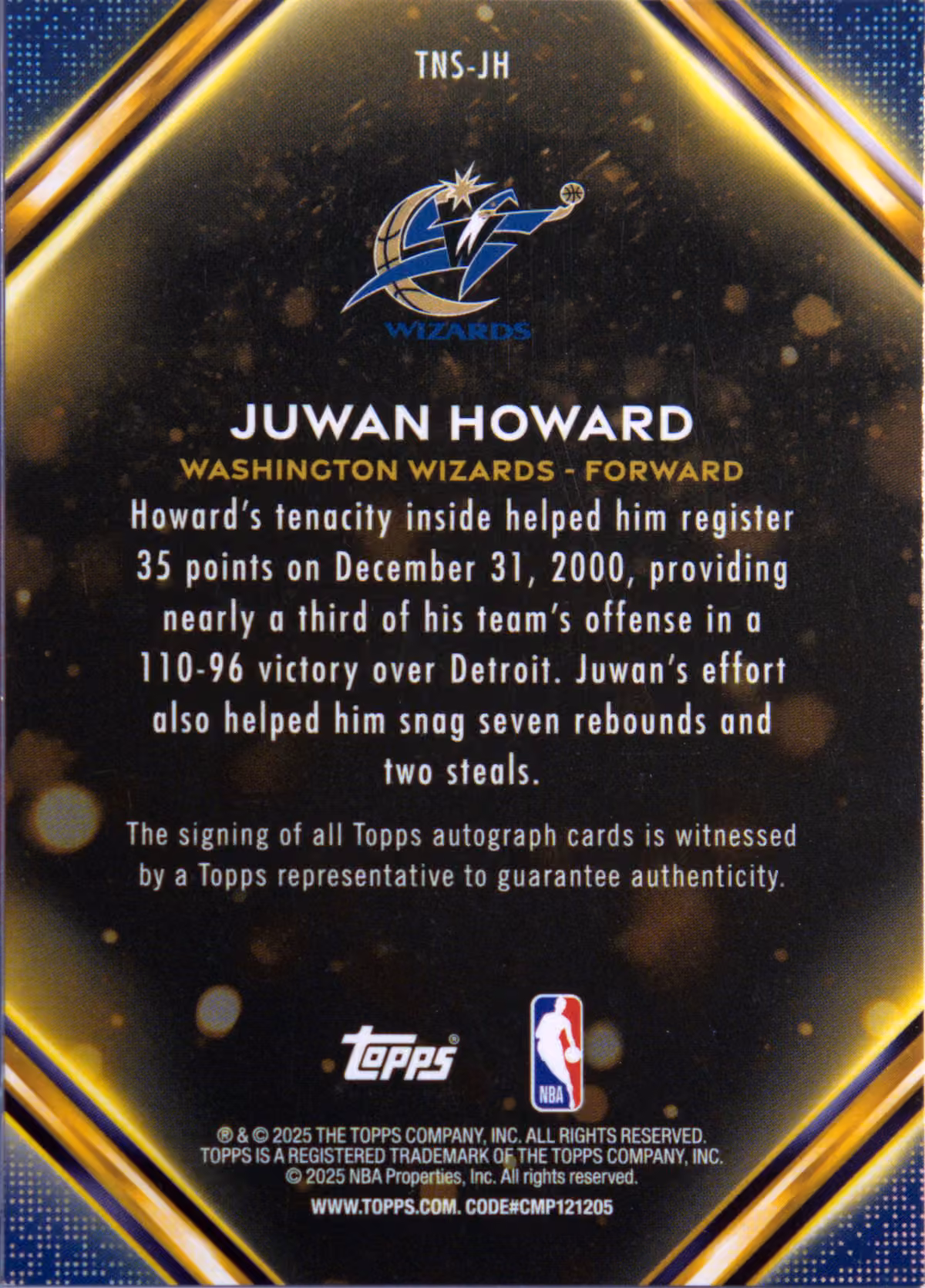Back scan of 2025-26 Topps Juwan Howard showing stats for Washington Bullets - Juwan Howard Collector Private Collection