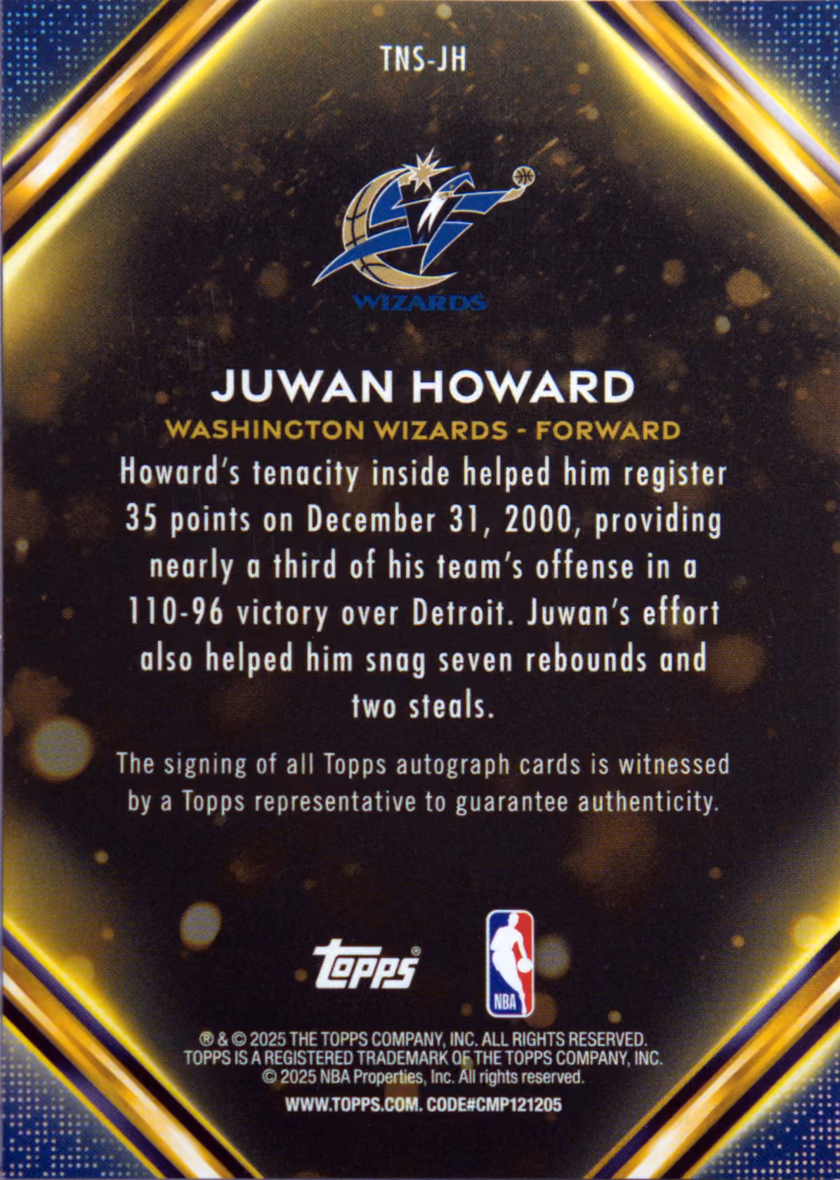 Back scan of 2025-26 Topps Juwan Howard showing stats for Washington Bullets - Juwan Howard Collector Private Collection
