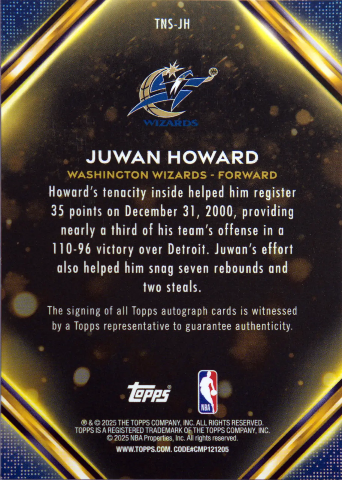 Back scan of Juwan Howard 2025-26 Topps #TNS-JH showing stats for Washington Bullets - Juwan Howard Collector Private Collection